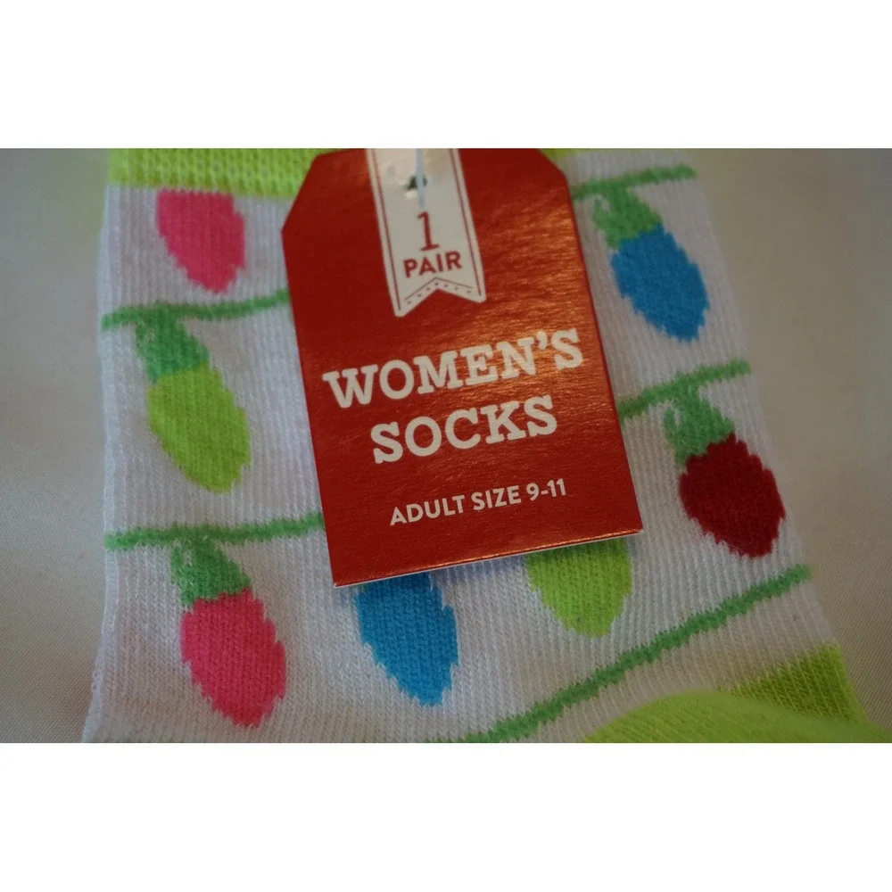 Womens Christmas Light Bulb Socks Neon Green Accents Holiday Novelty Size 9-11